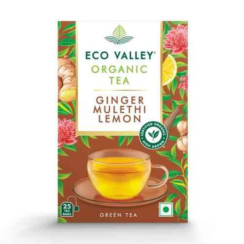 Eco Valley Organic Green Tea, Ginger Mulethi Lemon, 25 Tea Bags-0